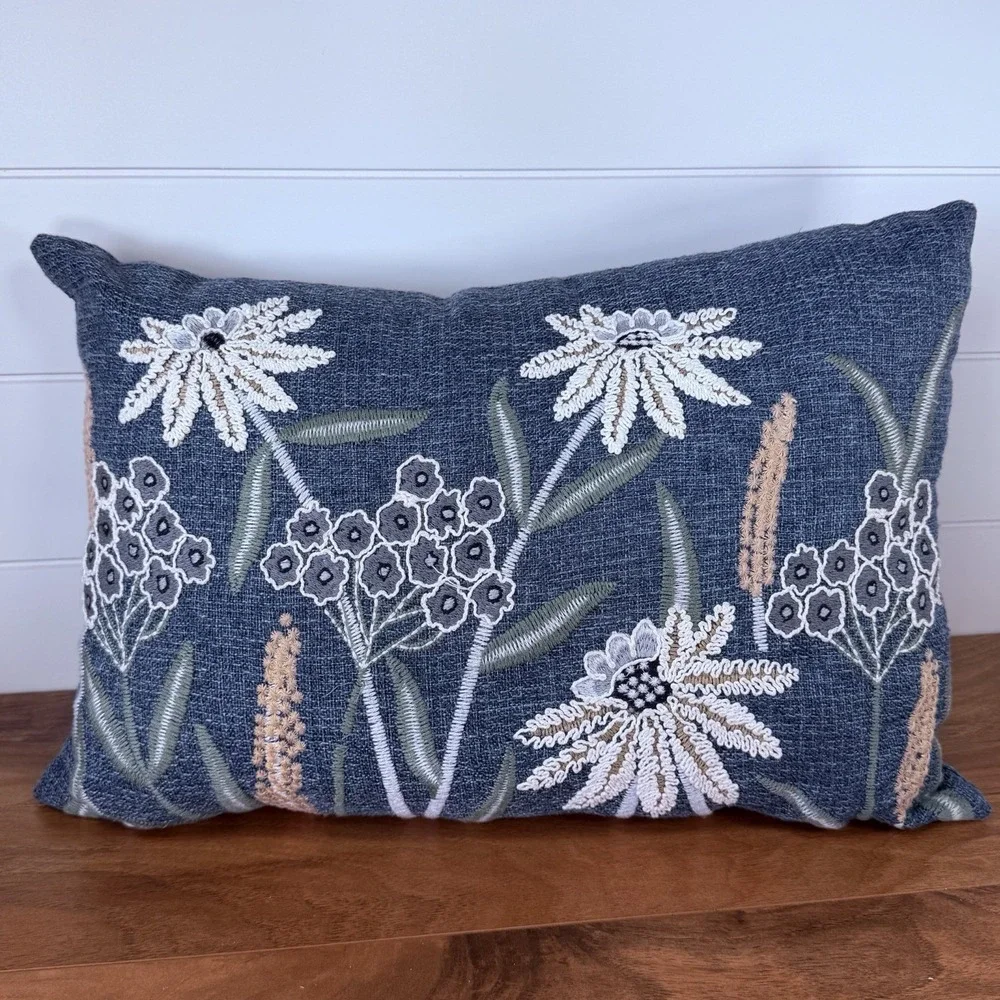 Mainstays Chambray Embroidered Botanical Decorative Pillow Boho Cottagecore